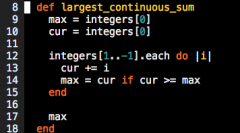 def largest_continuous_sum
  max = integers[0]
  cur = integers[0]

  integers[1..-1].each do |i|
    cur += i
    max = cur if cur >= max
  end

  max
end