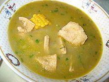 a traditional soup of Spanish origin;
/In PR, it is made frommeats, tubers, bananas, plantains, corn, potatos and sofrito